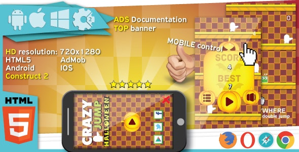 Crazy jump halloween - HTML5 game. Construct2 (.capx) + Top banner AdMob