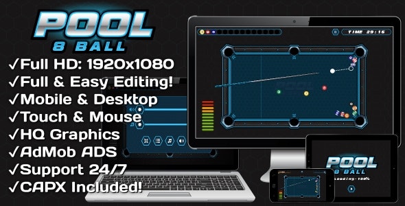 Pool 8 Ball - HTML5 Game + Mobile Version! (Construct 3 | Construct 2 | Capx)